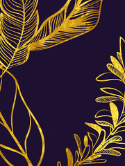 Luxury leafs vector background with gold metal ornament. Imitation of foil texture. Ideal for banners, flyers, backgrounds, prints, invitations, fabrics. EPS10