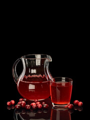 Glass jug and glass filled with cranberry berry juice