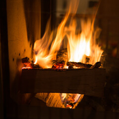 Close up of wooden fire burning in an oven