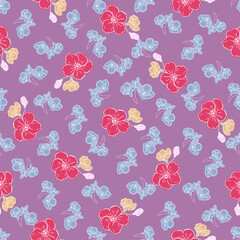 Seamless floral print, red and blue flowers with a white outline. Summer textile pattern on orchid color background.