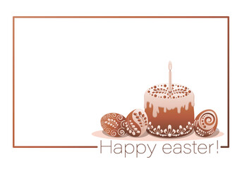 Happy easter. Easter set. Cupcake, decorated cookies in the shape of an egg. Easter dessert with chocolate chip cookies. Design postcard, poster. Vector illustration. 