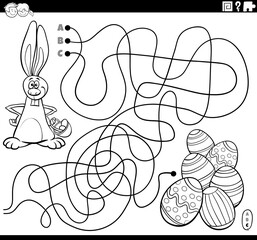 line maze with cartoon Easter Bunny coloring book page