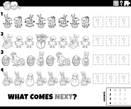 pattern task with cartoon Easter characters coloring book page