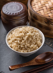 Cooked brown rice in a bowl