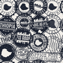Fototapeta premium Addis Ababa, Ethiopia Pattern of Stamps. Travel Passport Stamps. Made In Product. Design Seals in Old Style Insignia Seamless. Icon Clip Art Vector Collection.