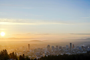 Portland , Oregon USA downtown skyline with rising sun