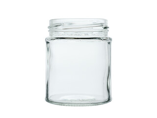 Empty, open tin can made of clear, colorless glass. Isolated on a white background, front view