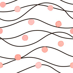 Seamless pattern with wavy lines and polka dots. 