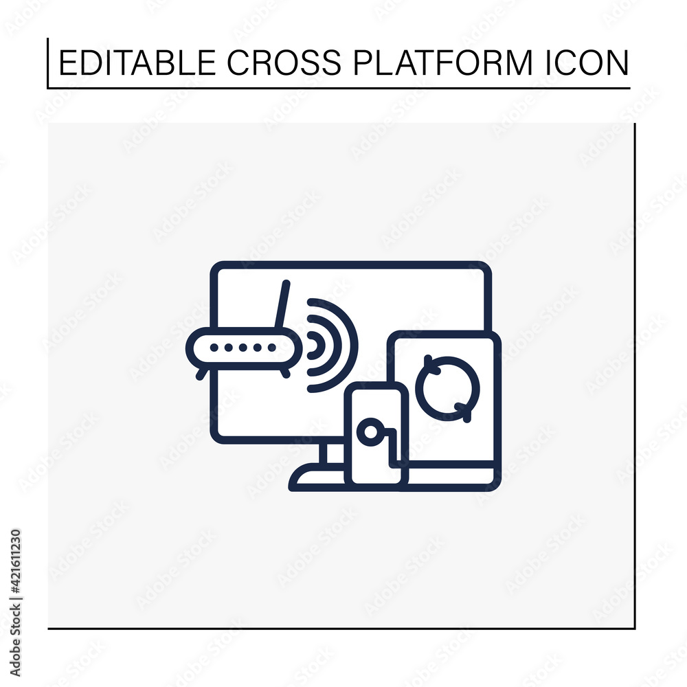 Poster multiplayer line icon. technical devices. wi- fi, computer, phone. synchronically. wireless equipmen