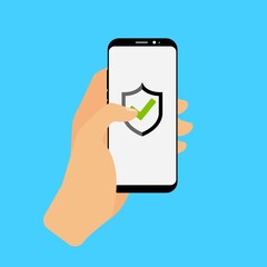 vector smart phone with shield shape. Protection and safety call mobile screen concept line illustration