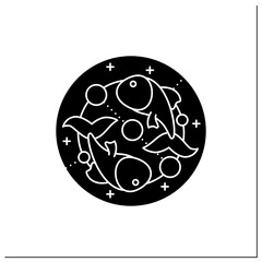 Pisces glyph icon. Twelfth fire sign in zodiac. Fish birth symbol. Mystic horoscope sign. Astrological science concept.Filled flat sign. Isolated silhouette vector illustration