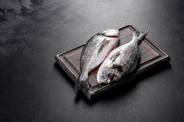 Raw dorado fish with spices cooking on cutting board. Fresh fish dorado