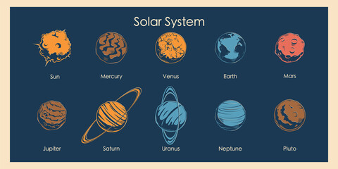 Icons planets of the solar system in retro style. Collection of planets in solar system, astronomical observatory: Mercury, Venus, Earth, Mars, Jupiter, Saturn, Uranus, Neptune, Pluto. © diluck