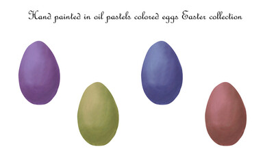 Illustration of colored eggs collection isolated on white background, purple, yellow-gold, blue, red. Hand painted illustartion in oil pastels. Perfect for Easter decorations. 