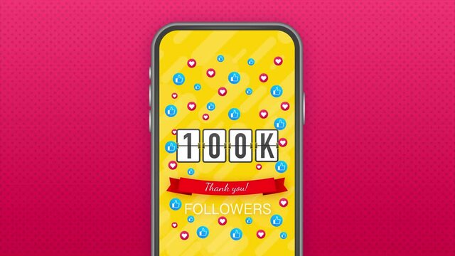 100k followers, Thank You, social sites post. Thank you followers congratulation card. Motion graphics.