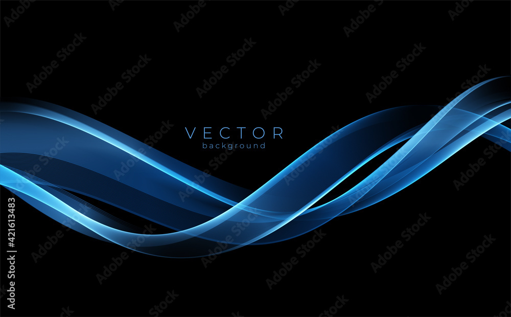 Poster Vector Abstract shiny color blue wave design element on dark background. Science design