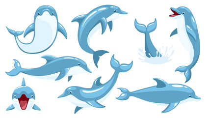 Set of cute dolphins. Cute blue dolphins set, dolphin jumping and performings tricks with ball for entertainment show
