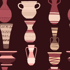 Seamless pattern set of decorative clay jugs modern jug design vector illustration on dark background