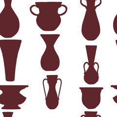 Seamless pattern brown silhouette set of decorative clay jugs modern jug design vector illustration on white background