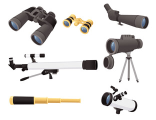 A set of professional optical devices telescopes binoculars and spyglass vector illustration isolated on white background