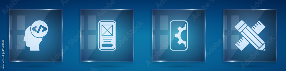 Poster set front end development, ui or ux design, web and crossed ruler and pencil. square glass panels. v