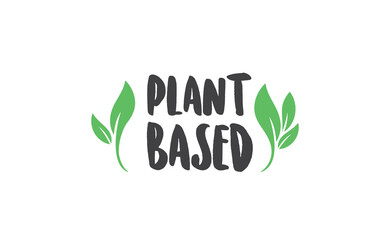 Plant based hand made text, hand drawn lettering style with leaves. Vegan and vegetarian food design concept. Veggie nutrition.