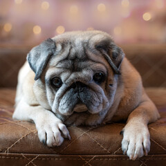 An old dog, a beige pug, lies on a brown leather quilted cot and looks straight ahead. Bokeh in the background