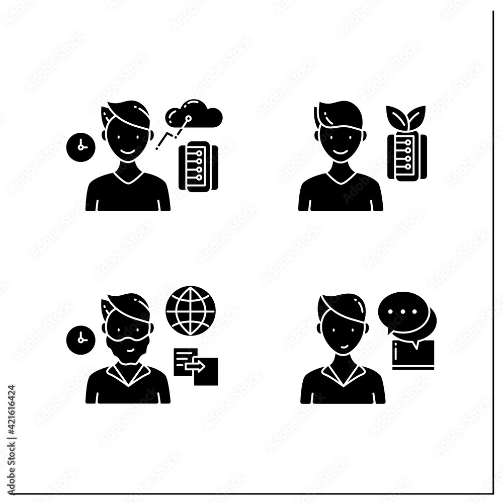 Aufkleber information overload glyph icons set. consists of instant messaging, data duplication, information e