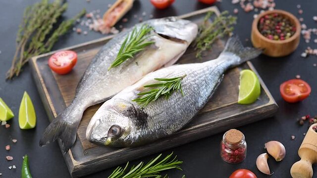 Raw dorado fish with spices cooking on cutting board. Fresh fish dorado. Dorado and ingredients for cooking on a table