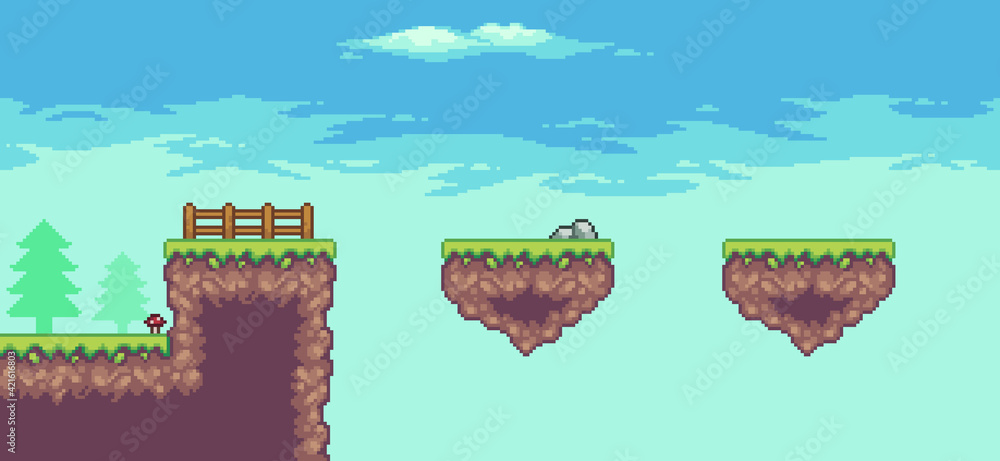 Poster pixel art arcade game scene with floating platform, trees, fence and clouds 8bit background
