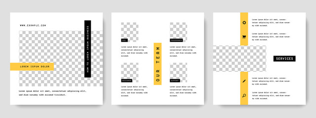 Social media layouts with yellow design elements, clean business templates for instagram and facebook