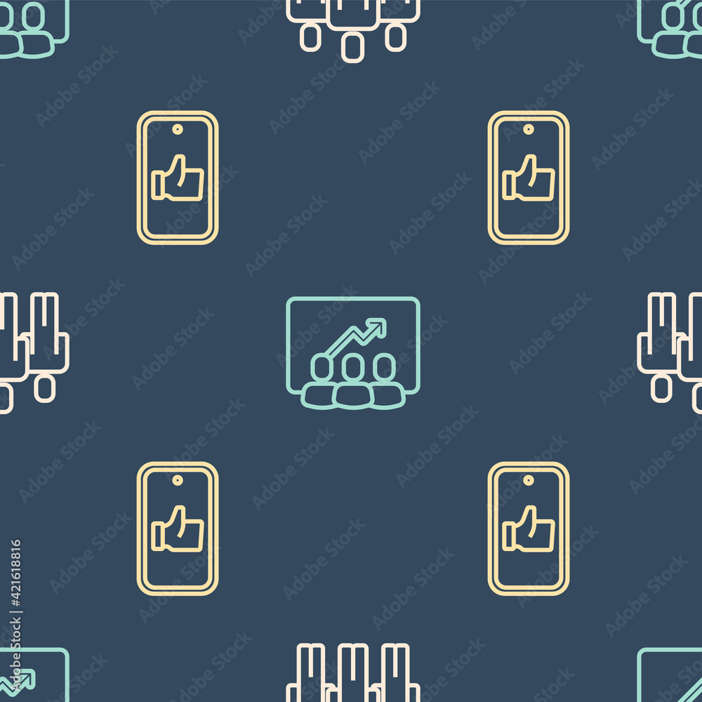 Aufkleber set line users group, hand like and project team base on seamless pattern. vector