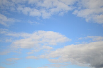 Blue sky with white clouds in sunny day. Texture or background. Wallpaper 