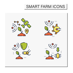Smart farm line icons set. Consist of IOT sensors, soil tilling, CCTV, pests and weeds elimination.Agricultural innovation concepts.Isolated vector illustrations. Editable stroke