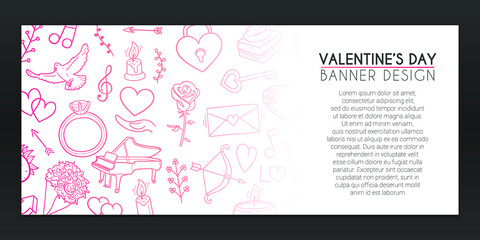 Valentine's Day Banner Doodle. Love Heart Background Hand drawn. Romance Icons illustration. Vector Horizontal Design.