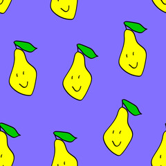 Seamless pattern with cute hand drawn yellow pear with eyes and mouth,silhouette of summer fruit,illustration for cover design,fabric template,wrapping paper,colorful kids print,violet background