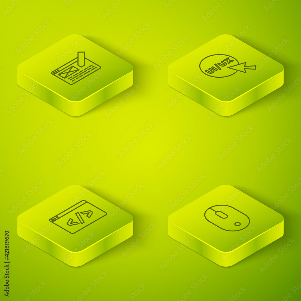 Poster set isometric line ui or ux design, front end development, computer mouse and icon. vector