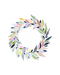 Illustration watercolor drawing. Round frame of pastel colored leaves. Graphic design element for weddings, cards, decoration.
