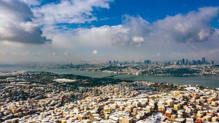 Obraz premium A panoramic photo taken by a drone over Camlica Hill that captures the magnificent scenery of Istanbul, Turkey. The vivid colors of the city during winter time reflects its authenticity
