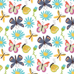 Seamless pattern of bright butterflies and flowers