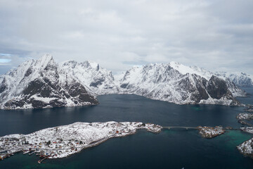 Fototapeta na wymiar Lofoten Norway Aerial Photography of Mountains and the Beach 