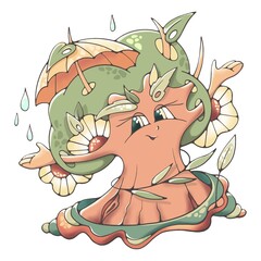 Smiling Garden Tree with umbrella, colorful hand drawn cartoon doodle stock illustration for children books, cards, prints or logo