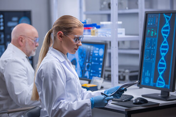 Professor and his young and professional laboratory assistant are doing scientific experiment in a...