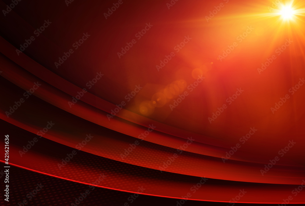 Poster graphical abstract red theme background with lens flare at top right edge.