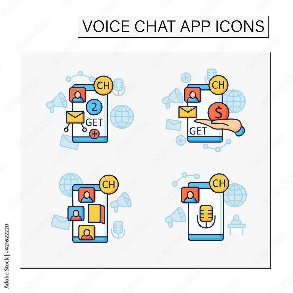 Poster drop in audio app color icons set. communication application with friends.application invite buy, sh