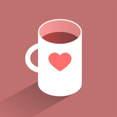 A cup of coffee with a heart is on the table. Hot morning drink. Vector isometric illustration.