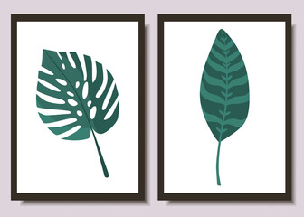 Set of minimalistic posters. Tropical leaves on a white background. Vector illustration.