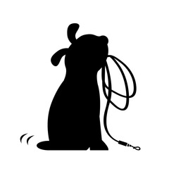 A cute dog sits and holds a leash in his teeth. Asks to take a walk. Black silhouette. Vector isolated cartoon illustration