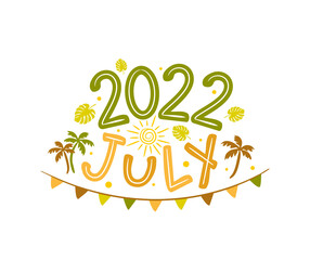 July 2022 logo with hand-drawn palms, jungle leaves and garland. Months emblem for the design of calendars, seasons postcards, diaries. Doodle Vector illustration isolated on white background.
