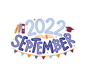 September 2022 logo with hand-drawn books, hat and garland. Months emblem for the design of calendars, seasons postcards, diaries. Doodle Vector illustration isolated on white background.